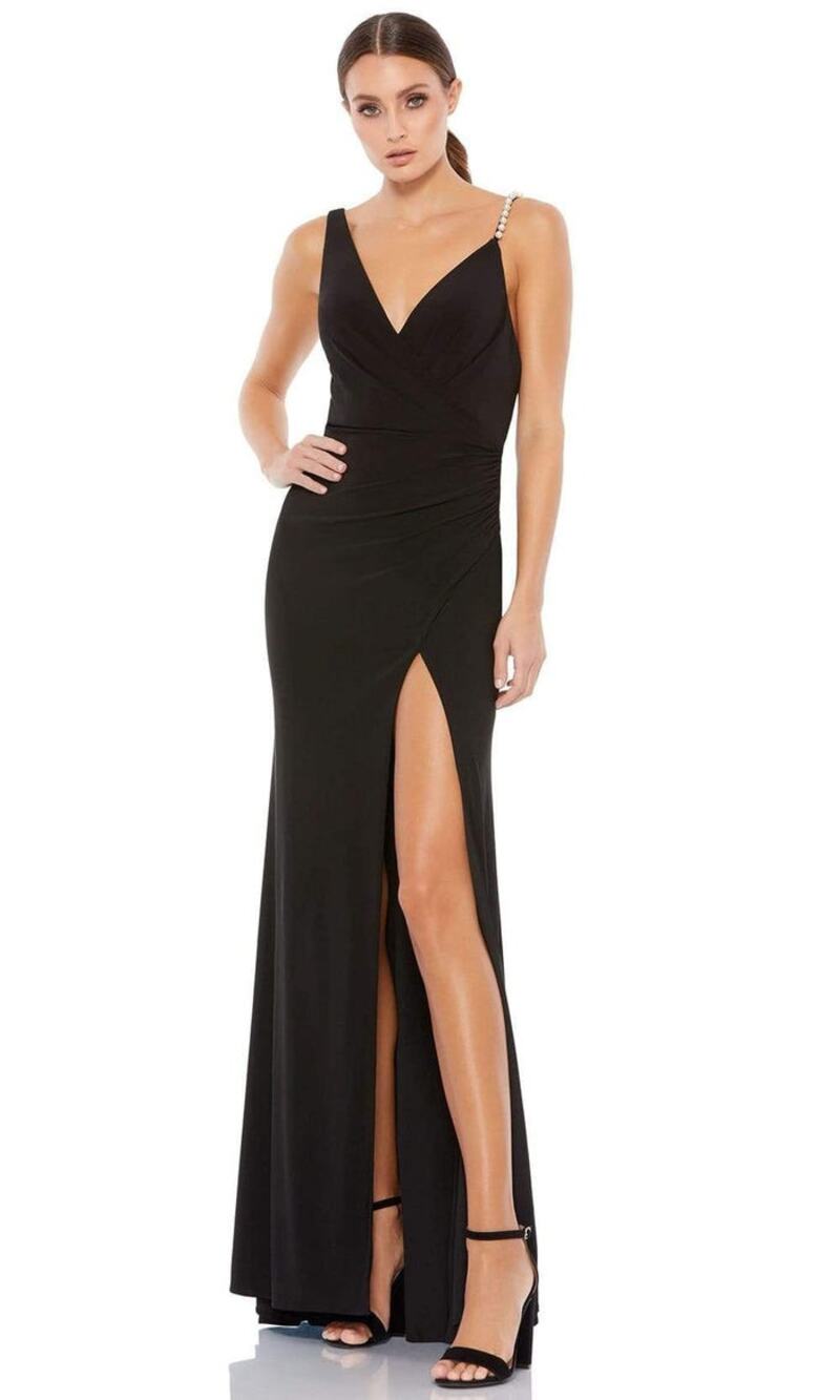 IEENA for Mac Duggal Faux Wrap Imitation Pearl Strap Column Gown, A74